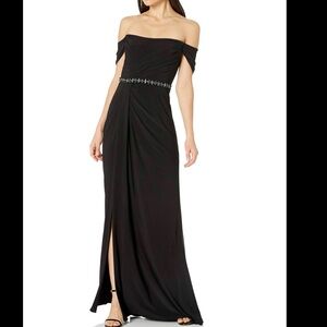 NWOT Adrianna Papell Black  Embellished Pleated Off the shoulder Gown. SIZE 12